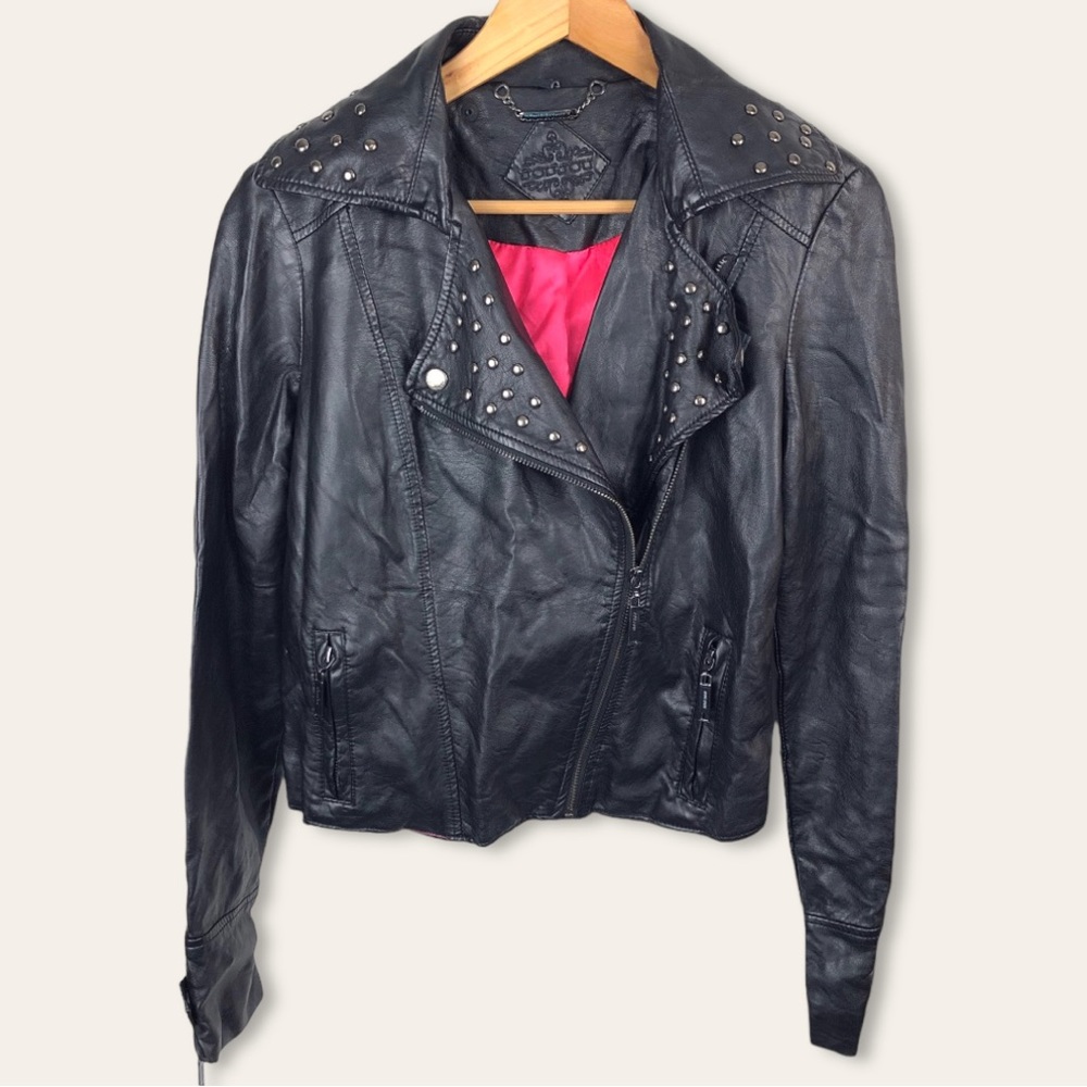 Jou Jou Faux Leather Studded Black Moto Asymmetric Zip Up Biker Jacket S - Picture 1 of 14